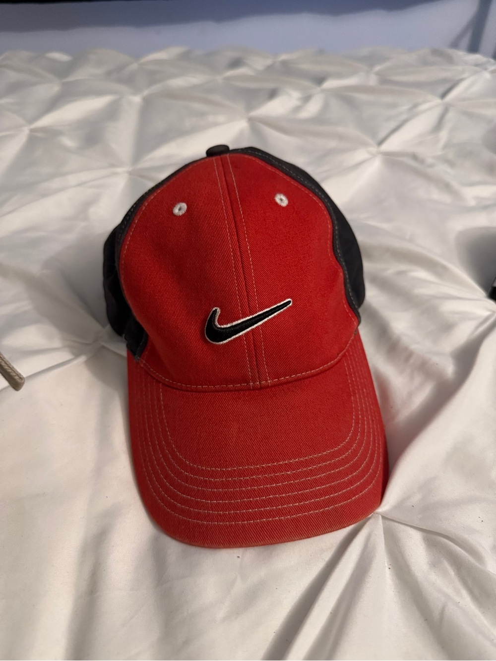 Nike Red Baseball Cap with Black Panels and Embroidered Swoosh Hat